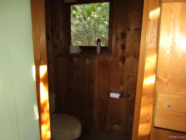 bathroom with toilet and wood walls