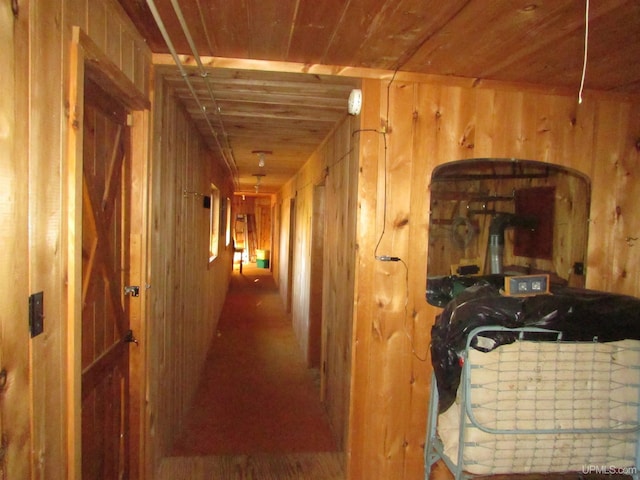 hallway featuring wooden walls and wood ceiling
