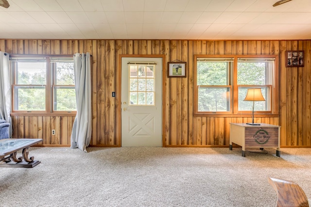 carpeted entrance foyer with plenty of natural light and wood walls