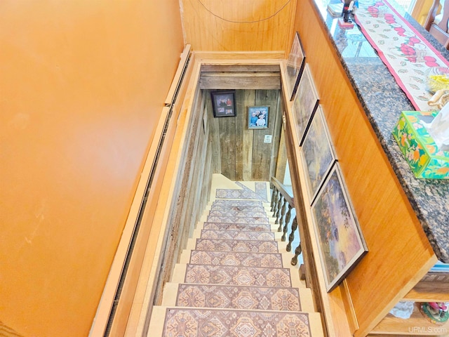 stairway with wooden walls