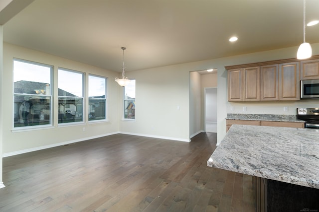 kitchen with pendant lighting, dark wood-type flooring, stainless steel appliances, and light stone counters