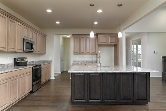 kitchen with light stone counters, stainless steel appliances, sink, dark wood-type flooring, and a center island with sink