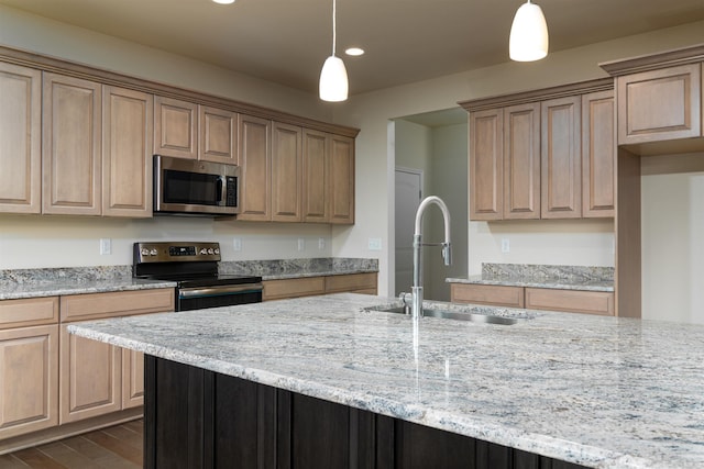 kitchen featuring dark hardwood / wood-style floors, light stone countertops, appliances with stainless steel finishes, hanging light fixtures, and sink