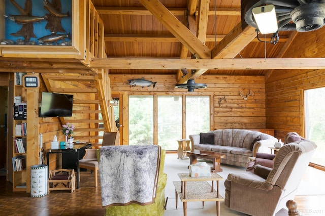 living room featuring ceiling fan, wooden ceiling, vaulted ceiling with beams, and wooden walls