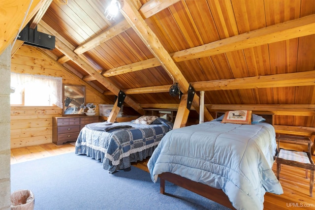 bedroom with wooden ceiling, lofted ceiling with beams, wood-type flooring, and wood walls