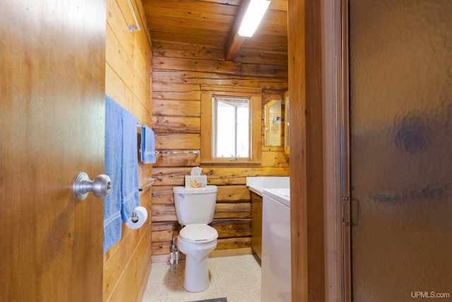 bathroom with a shower with door, wooden walls, wood ceiling, toilet, and vanity