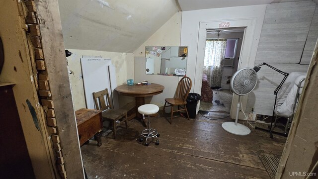 bathroom with lofted ceiling