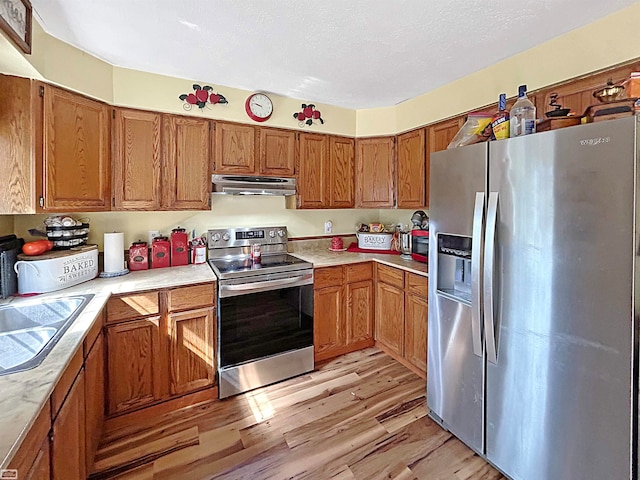 kitchen featuring stainless steel appliances, sink, and light hardwood / wood-style floors