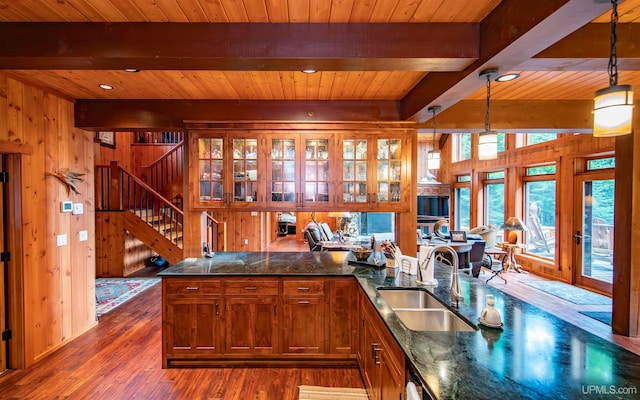 kitchen featuring wooden walls, decorative light fixtures, dark hardwood / wood-style flooring, sink, and wooden ceiling