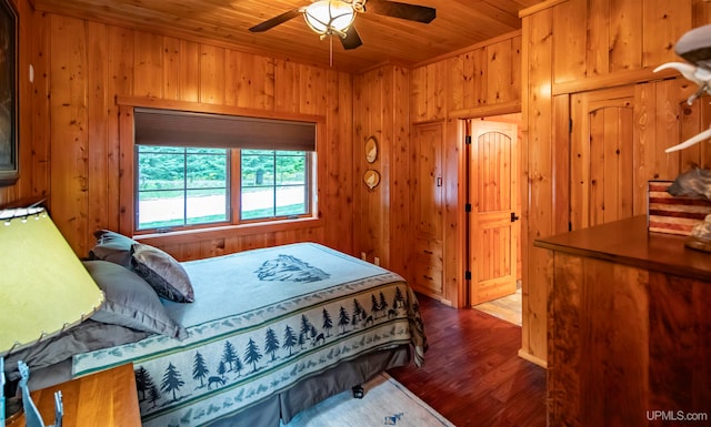 bedroom with dark wood-type flooring, wood walls, and wooden ceiling