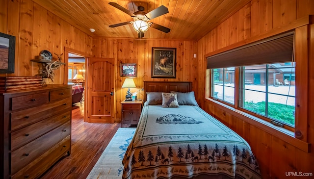 bedroom featuring wooden ceiling, dark wood-type flooring, wood walls, and ceiling fan