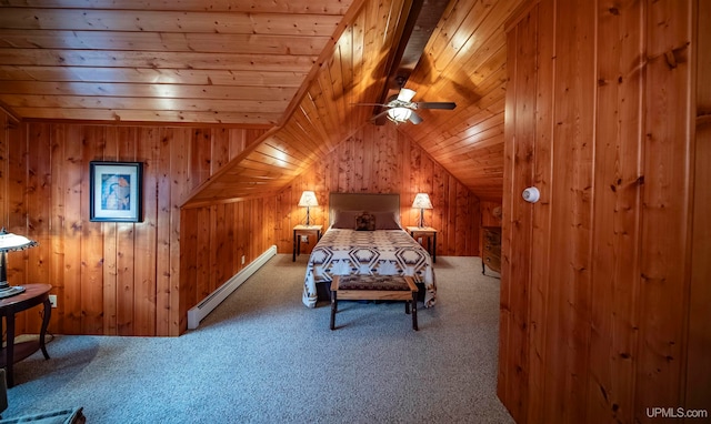 bedroom with lofted ceiling, carpet flooring, baseboard heating, and wooden ceiling