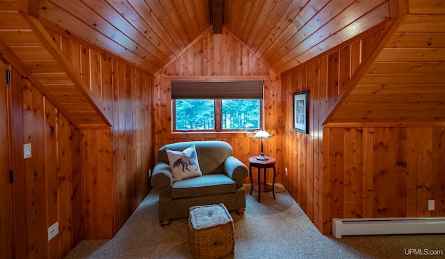 living area with carpet, baseboard heating, wooden ceiling, and vaulted ceiling