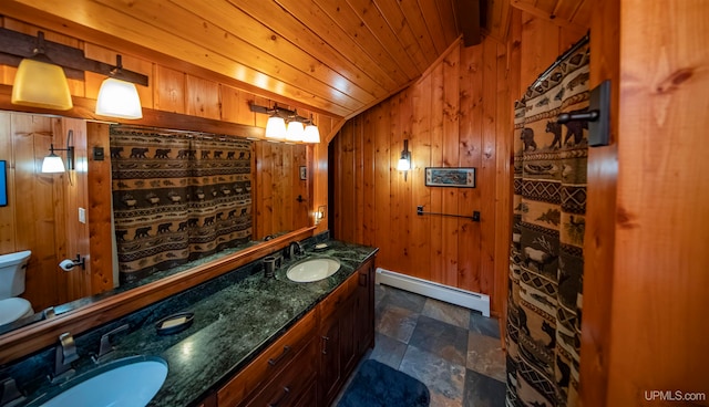 bathroom with wooden ceiling, a baseboard heating unit, toilet, lofted ceiling, and vanity