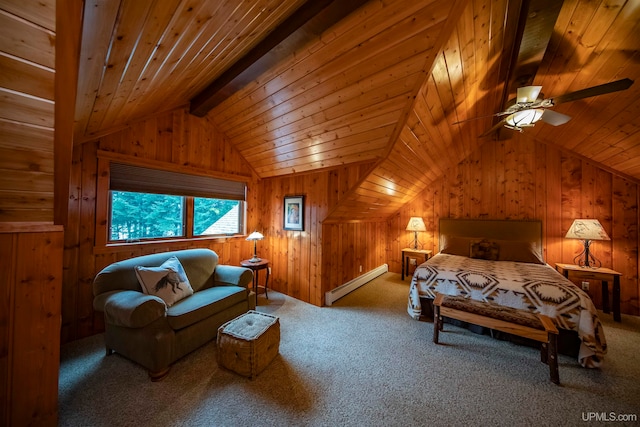 carpeted bedroom featuring wood ceiling, ceiling fan, baseboard heating, wooden walls, and vaulted ceiling with beams