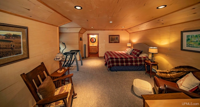 bedroom with wood ceiling, carpet, and vaulted ceiling