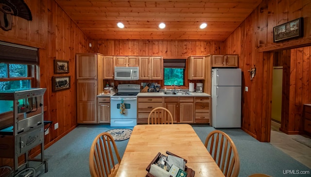 kitchen featuring white appliances, plenty of natural light, sink, and wooden walls