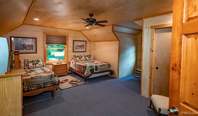 carpeted bedroom featuring lofted ceiling and ceiling fan