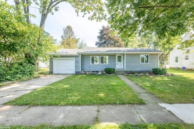 ranch-style home with a garage and a front yard