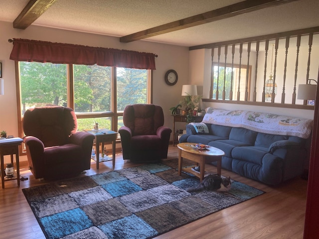 living room featuring beamed ceiling, hardwood / wood-style flooring, and a textured ceiling