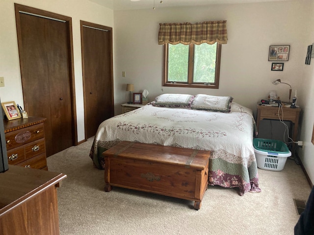 carpeted bedroom with two closets