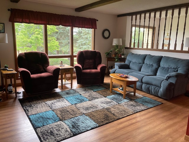 living room with hardwood / wood-style flooring, plenty of natural light, and beamed ceiling