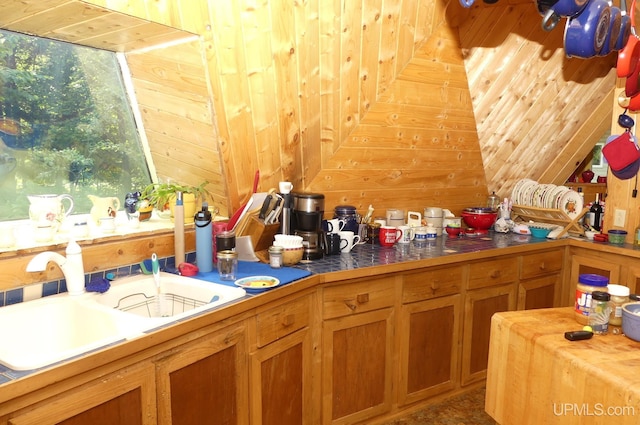 kitchen featuring a sink, brown cabinets, and wooden walls