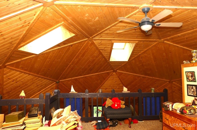 room details with a skylight, wood ceiling, and wood walls