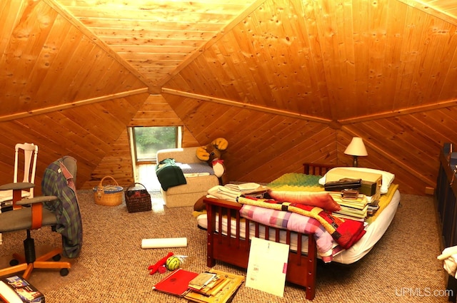 bedroom with carpet flooring, wood walls, wooden ceiling, and vaulted ceiling