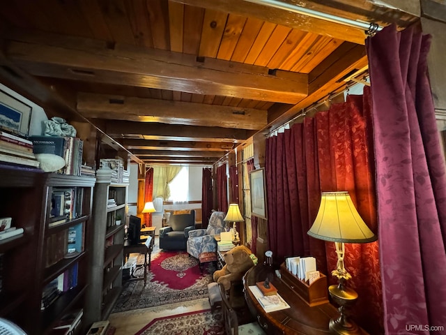 living area with beamed ceiling and wooden ceiling