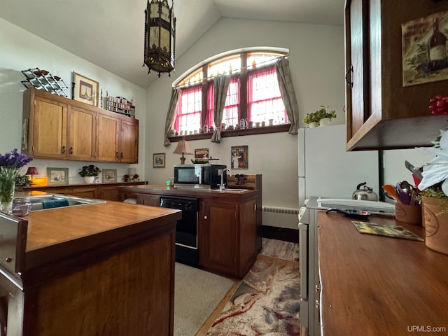 kitchen featuring stove, radiator, sink, black dishwasher, and lofted ceiling