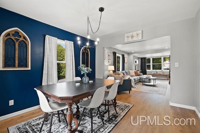 dining area with a chandelier and hardwood / wood-style flooring