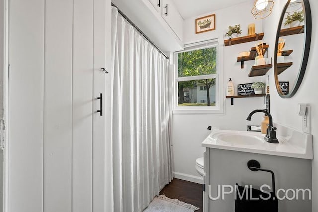 bathroom featuring toilet, hardwood / wood-style flooring, and vanity