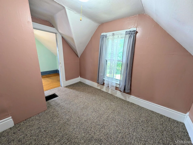 additional living space featuring a textured ceiling, lofted ceiling, and carpet