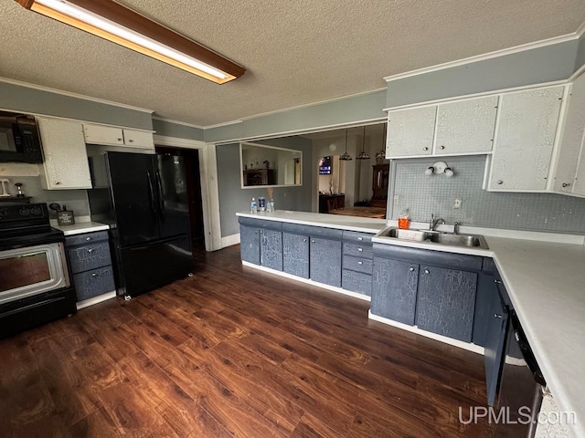 kitchen with white cabinetry, sink, black appliances, dark wood-type flooring, and a textured ceiling