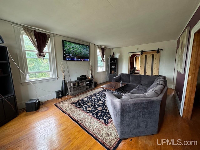 living room with hardwood / wood-style floors and a barn door