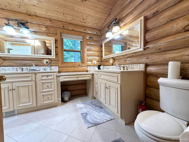 bathroom featuring vanity, toilet, log walls, and lofted ceiling