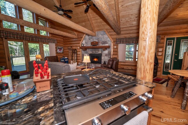 N5491 Foster City Rd, Vulcan, MI 49892 - interior space with wood-type flooring, beam ceiling, rustic walls, and wooden ceiling