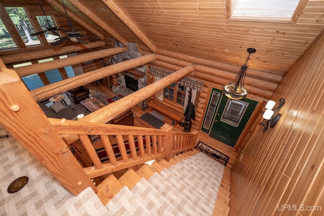N5491 Foster City Rd, Vulcan, MI 49892 - interior space featuring wood ceiling, wood finished floors, rustic walls, and lofted ceiling
