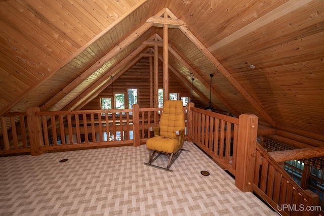 bonus room featuring wood ceiling and vaulted ceiling with beams