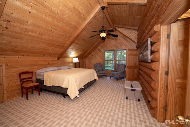 carpeted bedroom featuring wood ceiling, wooden walls, lofted ceiling with beams, and ceiling fan