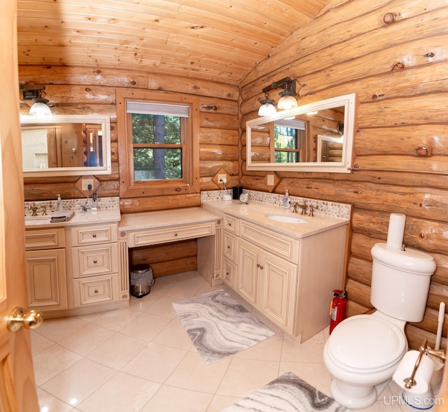 bathroom featuring vanity, wood ceiling, toilet, lofted ceiling, and rustic walls