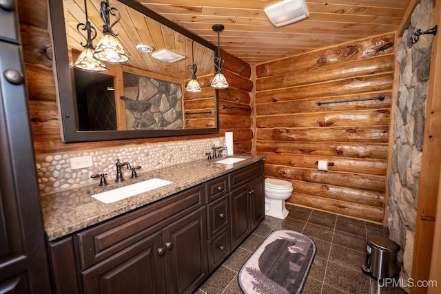 bathroom featuring wood ceiling, vanity, toilet, and rustic walls