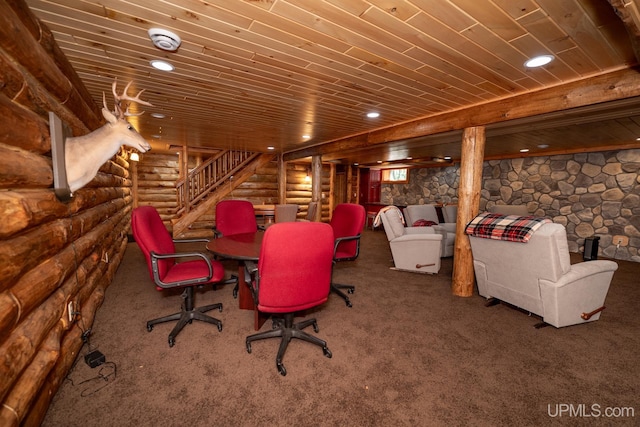 interior space featuring log walls and wood ceiling