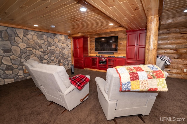 carpeted living room with rustic walls and wooden ceiling