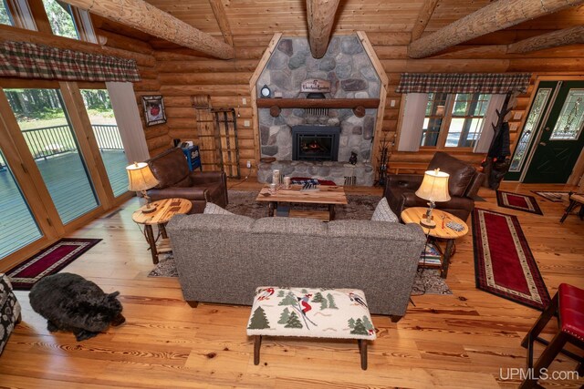 N5491 Foster City Rd, Vulcan, MI 49892 - living area featuring hardwood / wood-style flooring, log walls, wood ceiling, and a stone fireplace