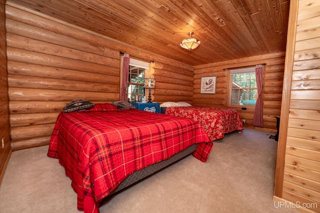 carpeted bedroom featuring wooden ceiling and log walls