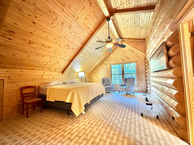 bedroom featuring vaulted ceiling with beams, wooden walls, and wooden ceiling