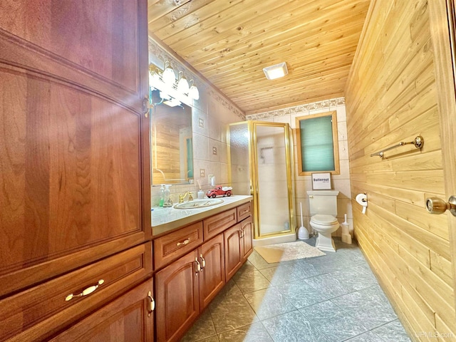 bathroom with toilet, walk in shower, vanity, wood walls, and wood ceiling