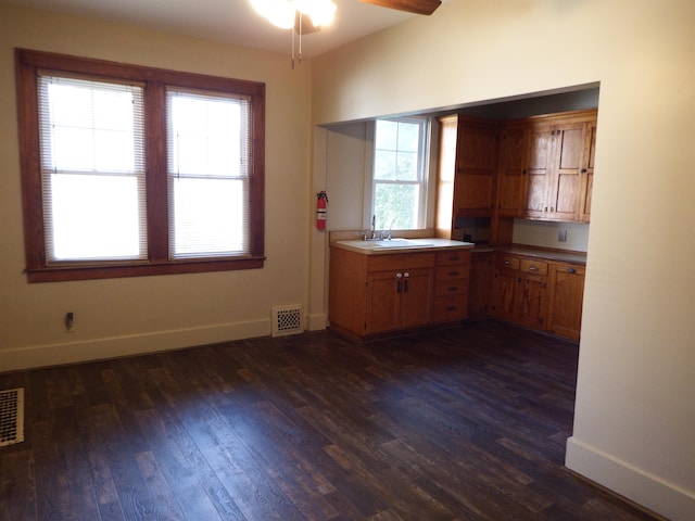 kitchen featuring ceiling fan, sink, and dark wood-type flooring